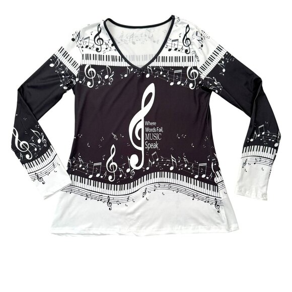 Music Notes Long Sleeve Top Size M Black White V Neck Piano Keys Print - Picture 9 of 9